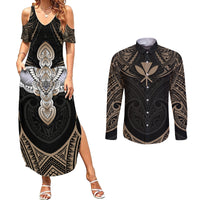 Polynesian Hawaii Tattoo Couples Matching Summer Maxi Dress and Long Sleeve Button Shirts - Wonder Print Shop