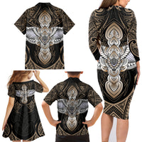 Polynesian Hawaii Tattoo Family Matching Long Sleeve Bodycon Dress and Hawaiian Shirt - Wonder Print Shop