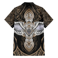 Hawaiian button-up shirt with black back and large tan/cream tribal tattoo graphic