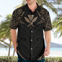 Black Hawaiian button-up shirt with tan/cream Polynesian tattoo motif and partial floral collar