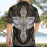 Black Hawaiian button-up shirt with bold tan/cream Polynesian tattoo print on back