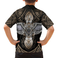 Kids Hawaiian button-up shirt with black back and large tan/cream Polynesian tattoo graphic