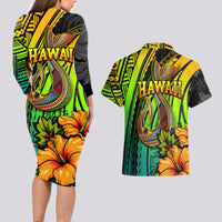 Hawaii Couples Matching Long Sleeve Bodycon Dress and Hawaiian Shirt Polynesian Fish Hook and Hibiscus Flowers with Gradient Pattern - Wonder Print Shop