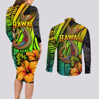 Hawaii Couples Matching Long Sleeve Bodycon Dress and Long Sleeve Button Shirts Polynesian Fish Hook and Hibiscus Flowers with Gradient Pattern - Wonder Print Shop
