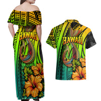 Hawaii Couples Matching Off Shoulder Maxi Dress and Hawaiian Shirt Polynesian Fish Hook and Hibiscus Flowers with Gradient Pattern - Wonder Print Shop