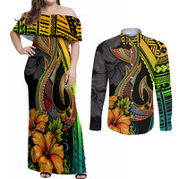 Hawaii Couples Matching Off Shoulder Maxi Dress and Long Sleeve Button Shirts Polynesian Fish Hook and Hibiscus Flowers with Gradient Pattern - Wonder Print Shop