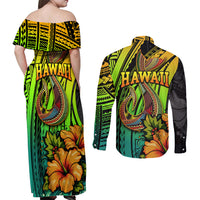 Hawaii Couples Matching Off Shoulder Maxi Dress and Long Sleeve Button Shirts Polynesian Fish Hook and Hibiscus Flowers with Gradient Pattern - Wonder Print Shop