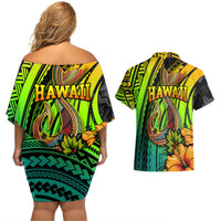Hawaii Couples Matching Off Shoulder Short Dress and Hawaiian Shirt Polynesian Fish Hook and Hibiscus Flowers with Gradient Pattern - Wonder Print Shop