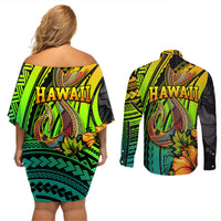 Hawaii Couples Matching Off Shoulder Short Dress and Long Sleeve Button Shirts Polynesian Fish Hook and Hibiscus Flowers with Gradient Pattern - Wonder Print Shop