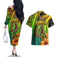 Hawaii Couples Matching Off The Shoulder Long Sleeve Dress and Hawaiian Shirt Polynesian Fish Hook and Hibiscus Flowers with Gradient Pattern - Wonder Print Shop