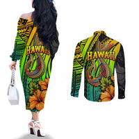 hawaii-couples-matching-off-the-shoulder-long-sleeve-dress-and-long-sleeve-button-shirts-polynesian-fish-hook-and-hibiscus-flowers-with-gradient-pattern
