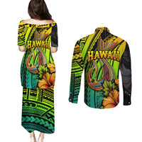 Hawaii Couples Matching Puletasi Dress and Long Sleeve Button Shirts Polynesian Fish Hook and Hibiscus Flowers with Gradient Pattern - Wonder Print Shop