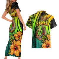 Hawaii Couples Matching Short Sleeve Bodycon Dress and Hawaiian Shirt Polynesian Fish Hook and Hibiscus Flowers with Gradient Pattern - Wonder Print Shop