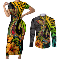Hawaii Couples Matching Short Sleeve Bodycon Dress and Long Sleeve Button Shirts Polynesian Fish Hook and Hibiscus Flowers with Gradient Pattern - Wonder Print Shop