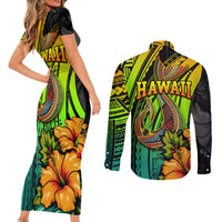Hawaii Couples Matching Short Sleeve Bodycon Dress and Long Sleeve Button Shirts Polynesian Fish Hook and Hibiscus Flowers with Gradient Pattern - Wonder Print Shop