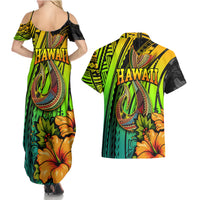 Hawaii Couples Matching Summer Maxi Dress and Hawaiian Shirt Polynesian Fish Hook and Hibiscus Flowers with Gradient Pattern - Wonder Print Shop