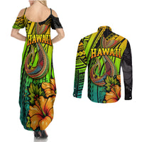 Hawaii Couples Matching Summer Maxi Dress and Long Sleeve Button Shirts Polynesian Fish Hook and Hibiscus Flowers with Gradient Pattern - Wonder Print Shop