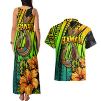 Hawaii Couples Matching Tank Maxi Dress and Hawaiian Shirt Polynesian Fish Hook and Hibiscus Flowers with Gradient Pattern - Wonder Print Shop
