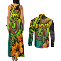 Hawaii Couples Matching Tank Maxi Dress and Long Sleeve Button Shirts Polynesian Fish Hook and Hibiscus Flowers with Gradient Pattern - Wonder Print Shop