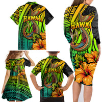 Hawaii Family Matching Long Sleeve Bodycon Dress and Hawaiian Shirt Polynesian Fish Hook and Hibiscus Flowers with Gradient Pattern - Wonder Print Shop