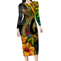 Hawaii Family Matching Long Sleeve Bodycon Dress and Hawaiian Shirt Polynesian Fish Hook and Hibiscus Flowers with Gradient Pattern - Wonder Print Shop