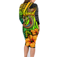 Hawaii Family Matching Long Sleeve Bodycon Dress and Hawaiian Shirt Polynesian Fish Hook and Hibiscus Flowers with Gradient Pattern - Wonder Print Shop