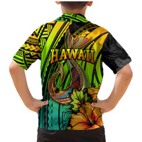 Hawaii Family Matching Mermaid Dress and Hawaiian Shirt Polynesian Fish Hook and Hibiscus Flowers with Gradient Pattern - Wonder Print Shop