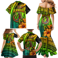Hawaii Family Matching Mermaid Dress and Hawaiian Shirt Polynesian Fish Hook and Hibiscus Flowers with Gradient Pattern - Wonder Print Shop
