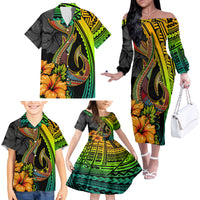 Hawaii Family Matching Off Shoulder Long Sleeve Dress and Hawaiian Shirt Polynesian Fish Hook and Hibiscus Flowers with Gradient Pattern - Wonder Print Shop