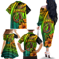 Hawaii Family Matching Off Shoulder Long Sleeve Dress and Hawaiian Shirt Polynesian Fish Hook and Hibiscus Flowers with Gradient Pattern - Wonder Print Shop