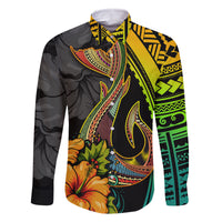 Hawaii Family Matching Off Shoulder Long Sleeve Dress and Hawaiian Shirt Polynesian Fish Hook and Hibiscus Flowers with Gradient Pattern - Wonder Print Shop