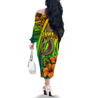 Hawaii Family Matching Off Shoulder Long Sleeve Dress and Hawaiian Shirt Polynesian Fish Hook and Hibiscus Flowers with Gradient Pattern - Wonder Print Shop