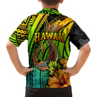 Hawaii Family Matching Off Shoulder Maxi Dress and Hawaiian Shirt Polynesian Fish Hook and Hibiscus Flowers with Gradient Pattern - Wonder Print Shop