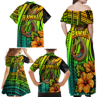 Hawaii Family Matching Off Shoulder Maxi Dress and Hawaiian Shirt Polynesian Fish Hook and Hibiscus Flowers with Gradient Pattern - Wonder Print Shop