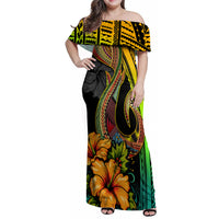 Hawaii Family Matching Off Shoulder Maxi Dress and Hawaiian Shirt Polynesian Fish Hook and Hibiscus Flowers with Gradient Pattern - Wonder Print Shop
