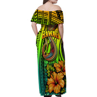 Hawaii Family Matching Off Shoulder Maxi Dress and Hawaiian Shirt Polynesian Fish Hook and Hibiscus Flowers with Gradient Pattern - Wonder Print Shop