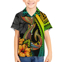 Hawaii Family Matching Off Shoulder Maxi Dress and Hawaiian Shirt Polynesian Fish Hook and Hibiscus Flowers with Gradient Pattern - Wonder Print Shop