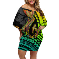 Hawaii Family Matching Off Shoulder Short Dress and Hawaiian Shirt Polynesian Fish Hook and Hibiscus Flowers with Gradient Pattern - Wonder Print Shop