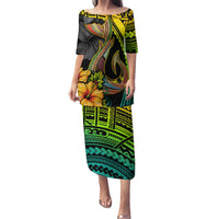 Hawaii Family Matching Puletasi Dress and Hawaiian Shirt Polynesian Fish Hook and Hibiscus Flowers with Gradient Pattern - Wonder Print Shop