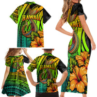 Hawaii Family Matching Short Sleeve Bodycon Dress and Hawaiian Shirt Polynesian Fish Hook and Hibiscus Flowers with Gradient Pattern - Wonder Print Shop