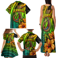 Hawaii Family Matching Tank Maxi Dress and Hawaiian Shirt Polynesian Fish Hook and Hibiscus Flowers with Gradient Pattern - Wonder Print Shop