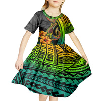 Hawaii Kid Short Sleeve Dress Polynesian Fish Hook and Hibiscus Flowers with Gradient Pattern - Wonder Print Shop