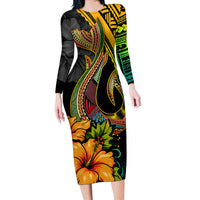 Hawaii Long Sleeve Bodycon Dress Polynesian Fish Hook and Hibiscus Flowers with Gradient Pattern - Wonder Print Shop