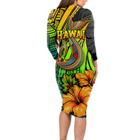 Hawaii Long Sleeve Bodycon Dress Polynesian Fish Hook and Hibiscus Flowers with Gradient Pattern - Wonder Print Shop