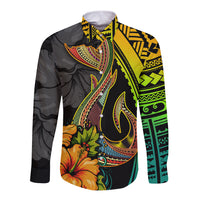 Hawaii Long Sleeve Button Shirt Polynesian Fish Hook and Hibiscus Flowers with Gradient Pattern - Wonder Print Shop