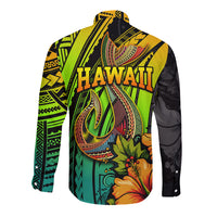 Hawaii Long Sleeve Button Shirt Polynesian Fish Hook and Hibiscus Flowers with Gradient Pattern - Wonder Print Shop
