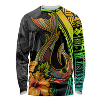 Hawaii Long Sleeve Shirt Polynesian Fish Hook and Hibiscus Flowers with Gradient Pattern - Wonder Print Shop
