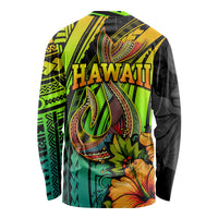 Hawaii Long Sleeve Shirt Polynesian Fish Hook and Hibiscus Flowers with Gradient Pattern - Wonder Print Shop