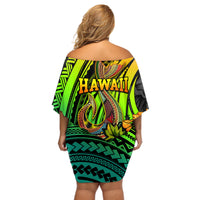 Hawaii Off Shoulder Short Dress Polynesian Fish Hook and Hibiscus Flowers with Gradient Pattern - Wonder Print Shop