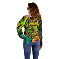 Hawaii Off Shoulder Sweater Polynesian Fish Hook and Hibiscus Flowers with Gradient Pattern - Wonder Print Shop